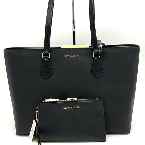 Michael Kors Bag Large Sheila Mf Tote Bag & Large Double Zip Wallet Black/Gold - Picture 1 of 15